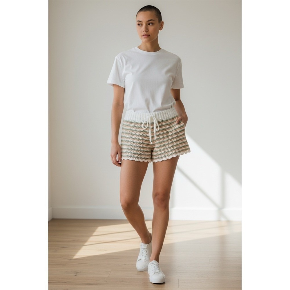 Handmade Crochet Stripe Shorts M/L Drawstring EDM grandmacore hot pants festival